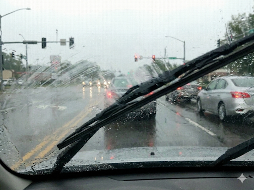 비 오는 날, 와이퍼가 부드럽게 닦이지 않고 튀면서 물자국과 뿌연 잔상을 남긴 답답한 모습입니다.
