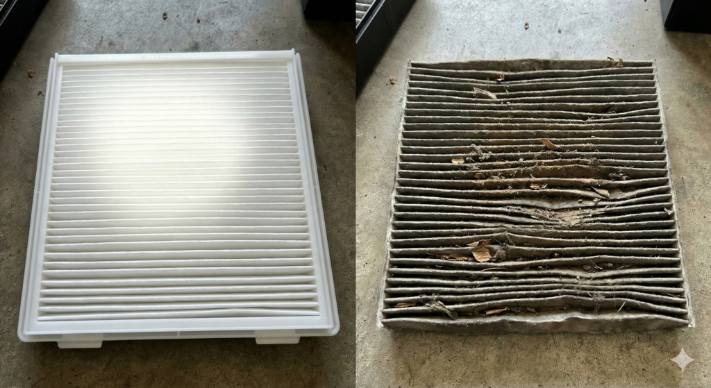 새 자동차 에어컨 필터와 먼지가 쌓인 헌 필터 비교