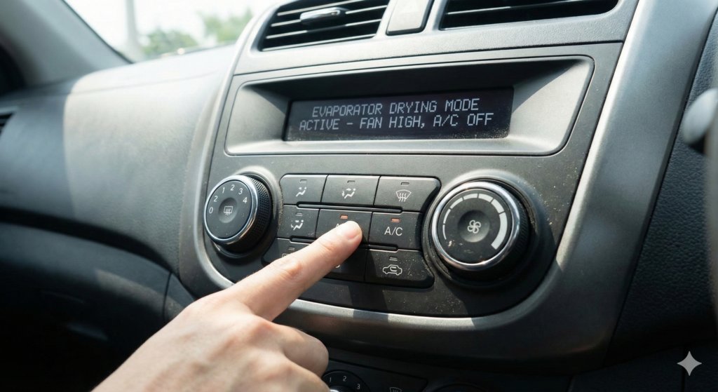 에어컨 냄새 예방을 위해 A/C 버튼을 끄고 송풍 모드로 건조하는 모습