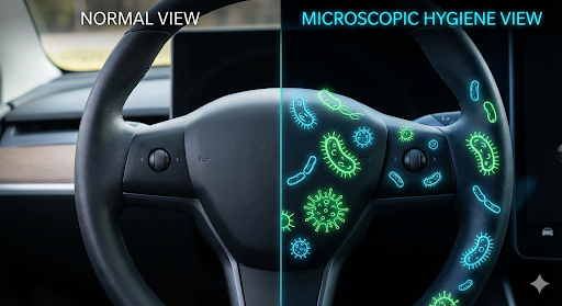 자동차 핸들의 세균 오염도를 시각적으로 표현한 비교 이미지